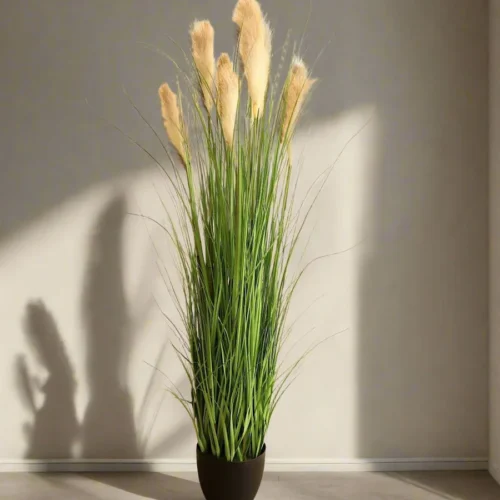 Artificial Pampas grass - White Cosmoplast Pot with White Pebbles
